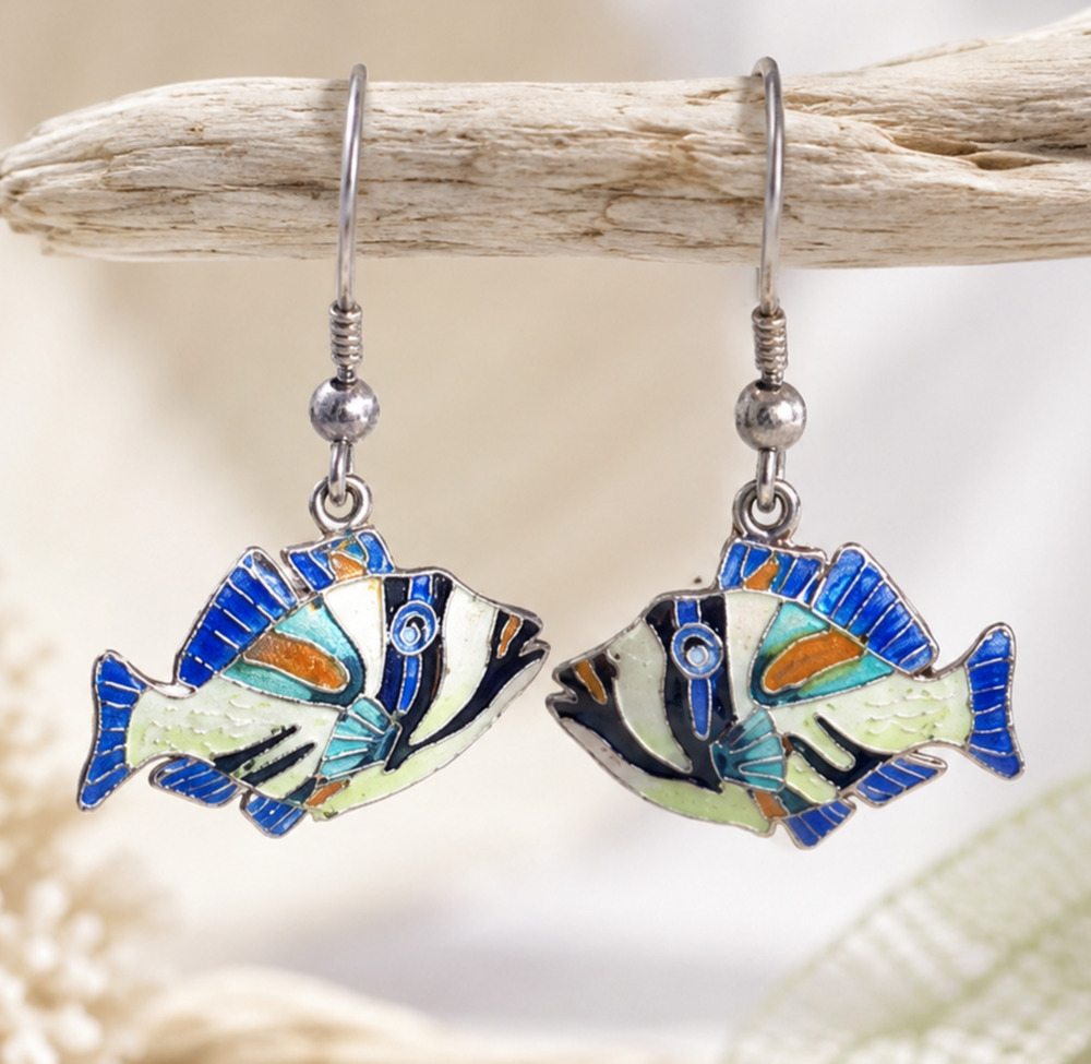 Vintage Zarah Sterling Silver Enamel Tropical Fish Dangle Earrings Coastal